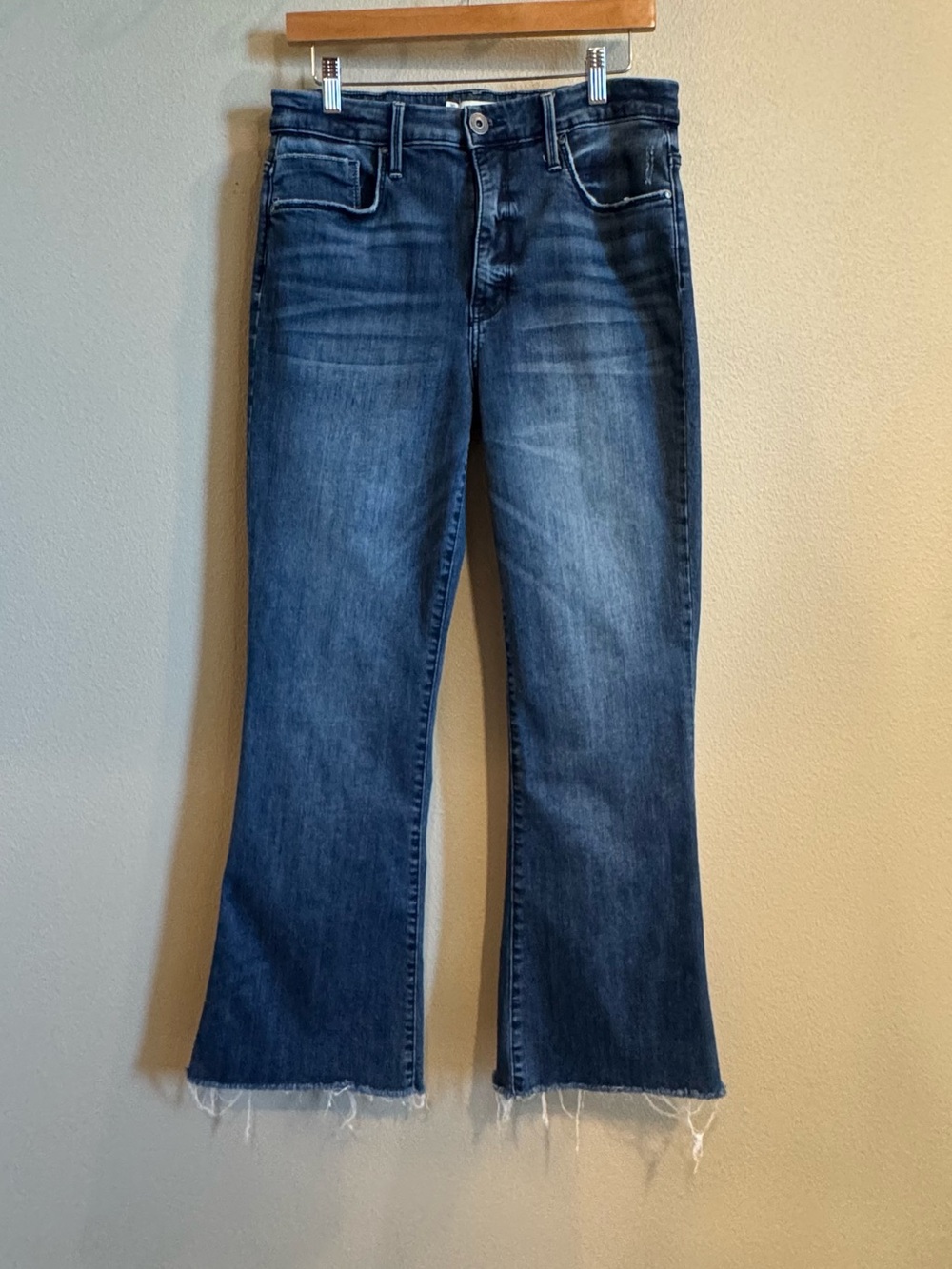 Whetherly Dark Blue Flare Jeans with Raw Hem